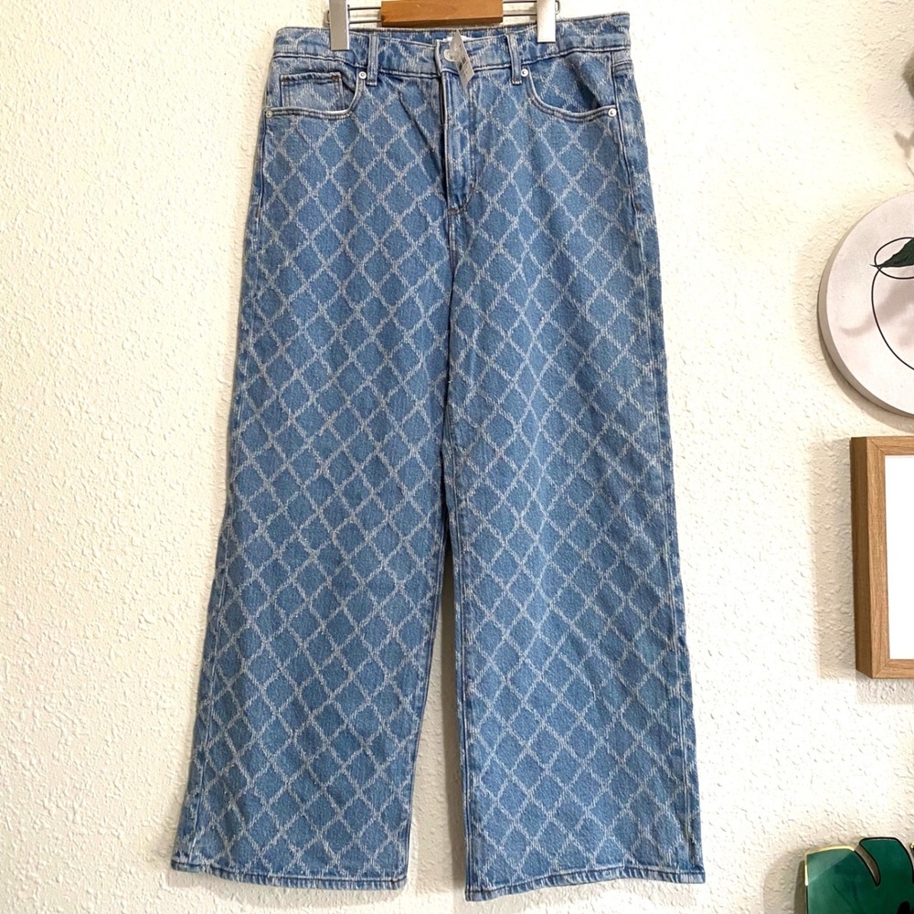 Loft Wide Leg Crop High Rise Jeans Blue Diamond Pattern 29/8 New Boho whimsygoth